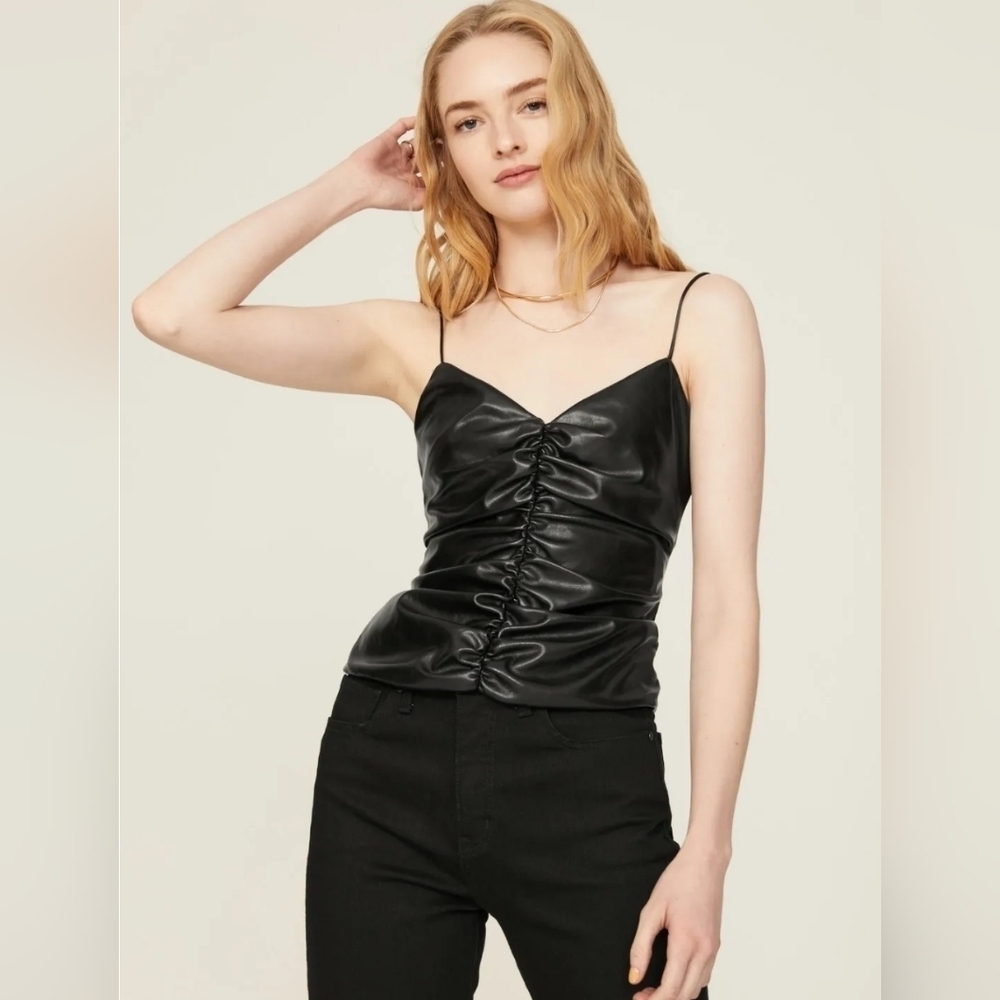 7 for all mankind Black Faux Leather Ruched Cami Size XS Vegan Biker Chic Rocker